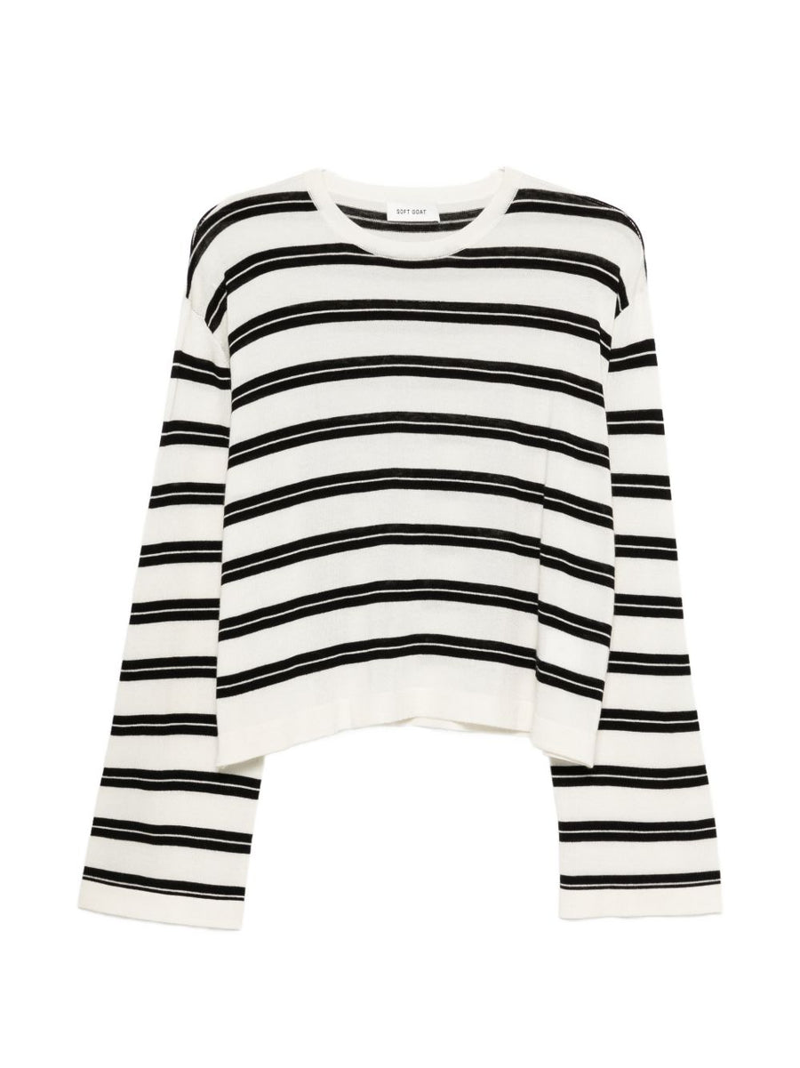 Soft Goat Cashmere Silk Blend Sweater For Women With White Black Stripe Roundneck Luxurious Versatile Topwear