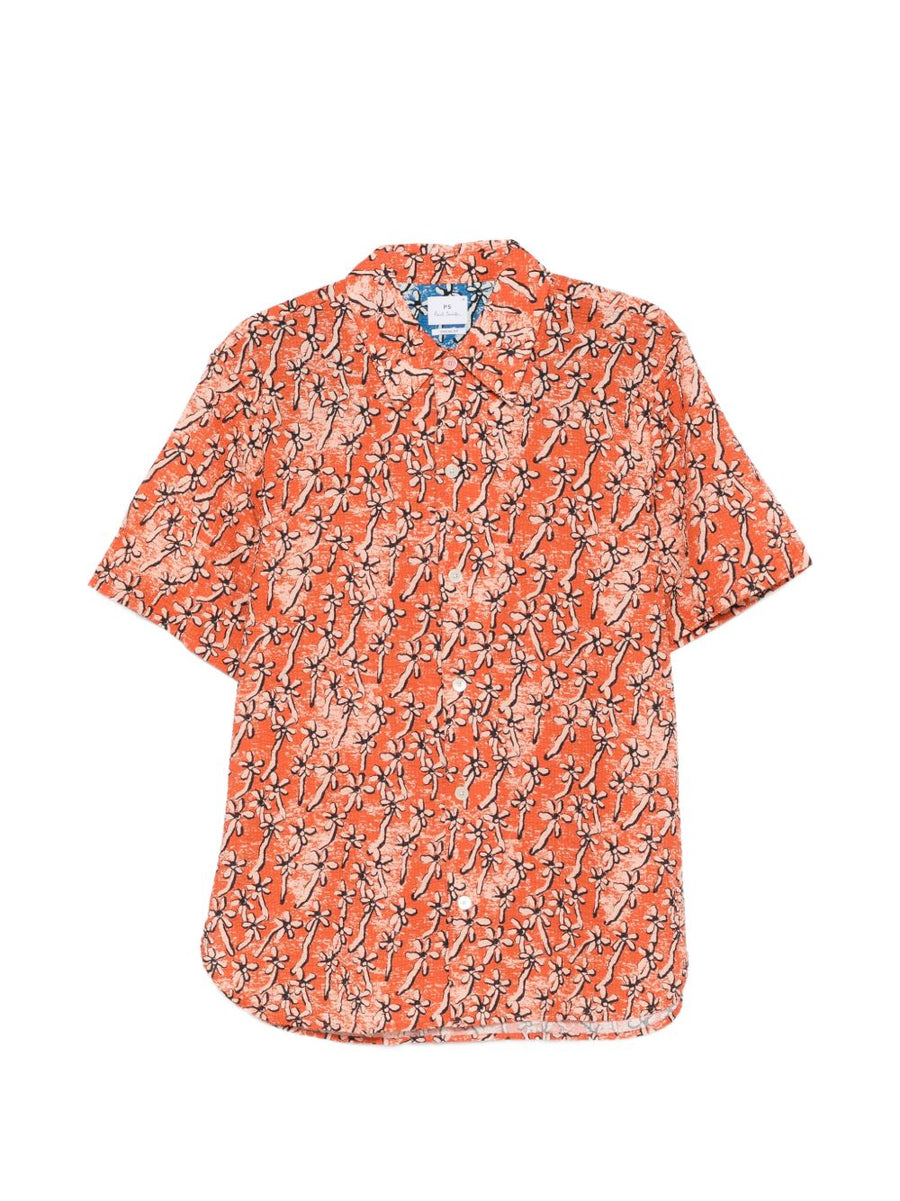 Paul Smith Field Floral Cotton Shirt For Men With Vibrant Orange Floral Print And Resort Ready Comfort