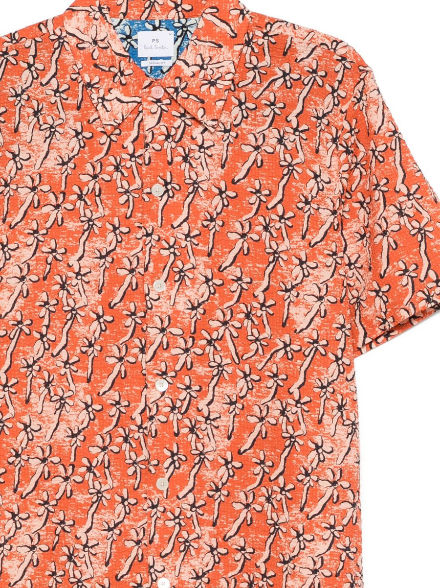 Paul Smith Field Floral Cotton Shirt For Men With Vibrant Orange Floral Print And Resort Ready Comfort