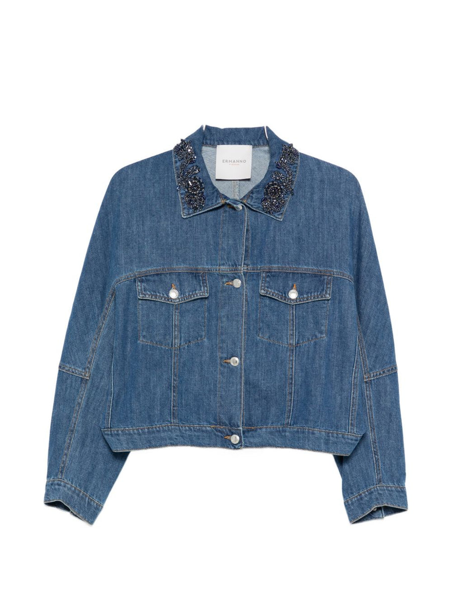 Embroidered Denim Jacket by Ermanno Firenze for Women Navy with Blue Bead Embellishments
