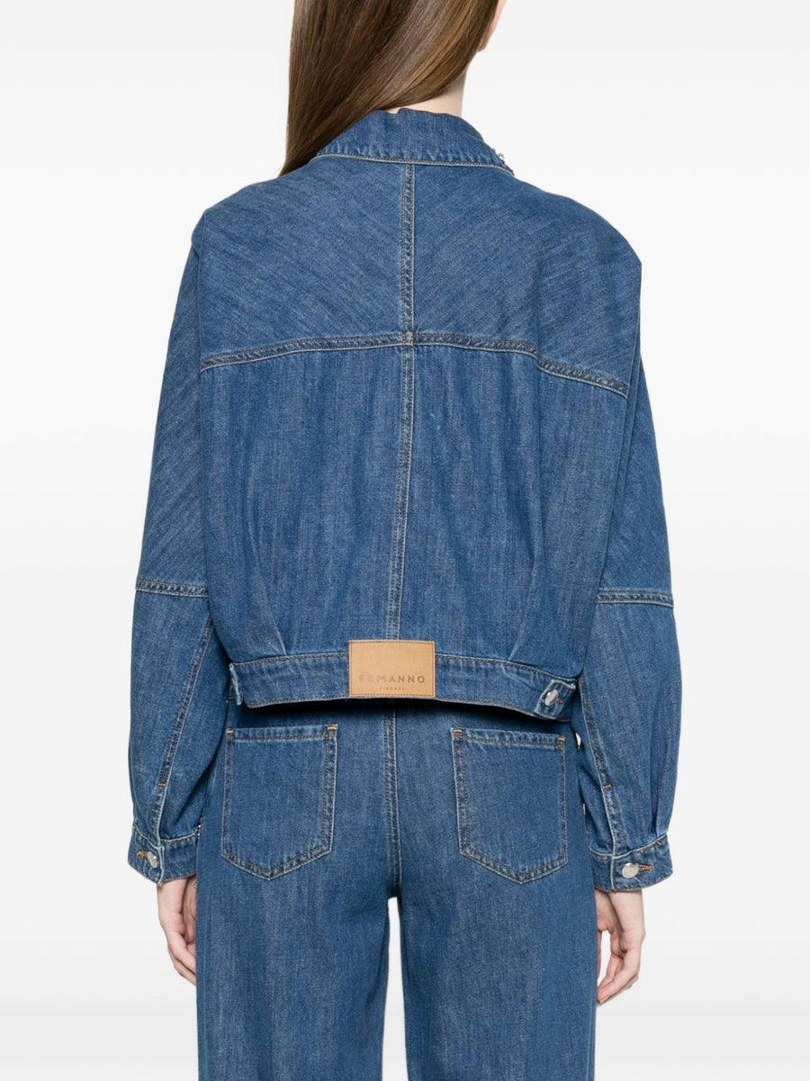 Embroidered Denim Jacket by Ermanno Firenze for Women Navy with Blue Bead Embellishments