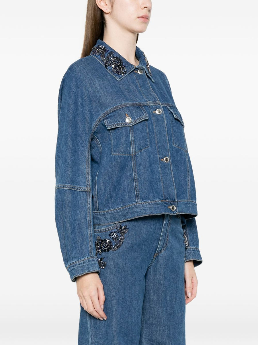 Embroidered Denim Jacket by Ermanno Firenze for Women Navy with Blue Bead Embellishments
