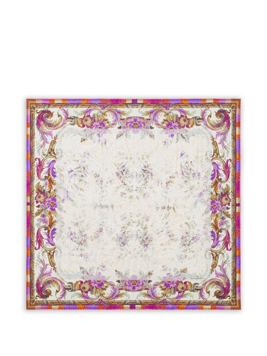 Pierre Louis Mascia Silk Scarf White Floral Print With Pink Border Detail For Women Lightweight Luxury