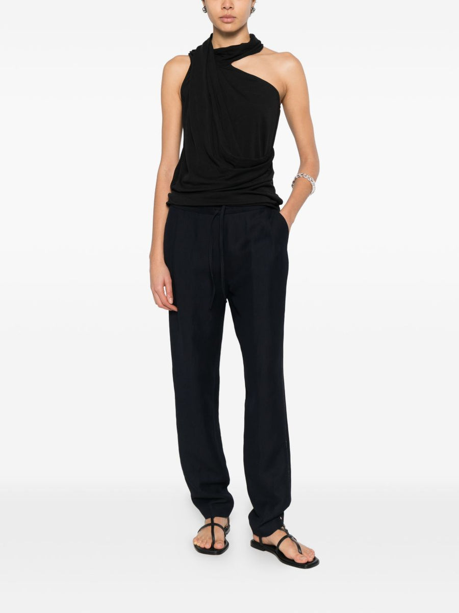 Fabiana Filippi Linen Blend Trousers Navy for Modern Women with Elastic Waist Drawstring Pockets Luxurious Tailored