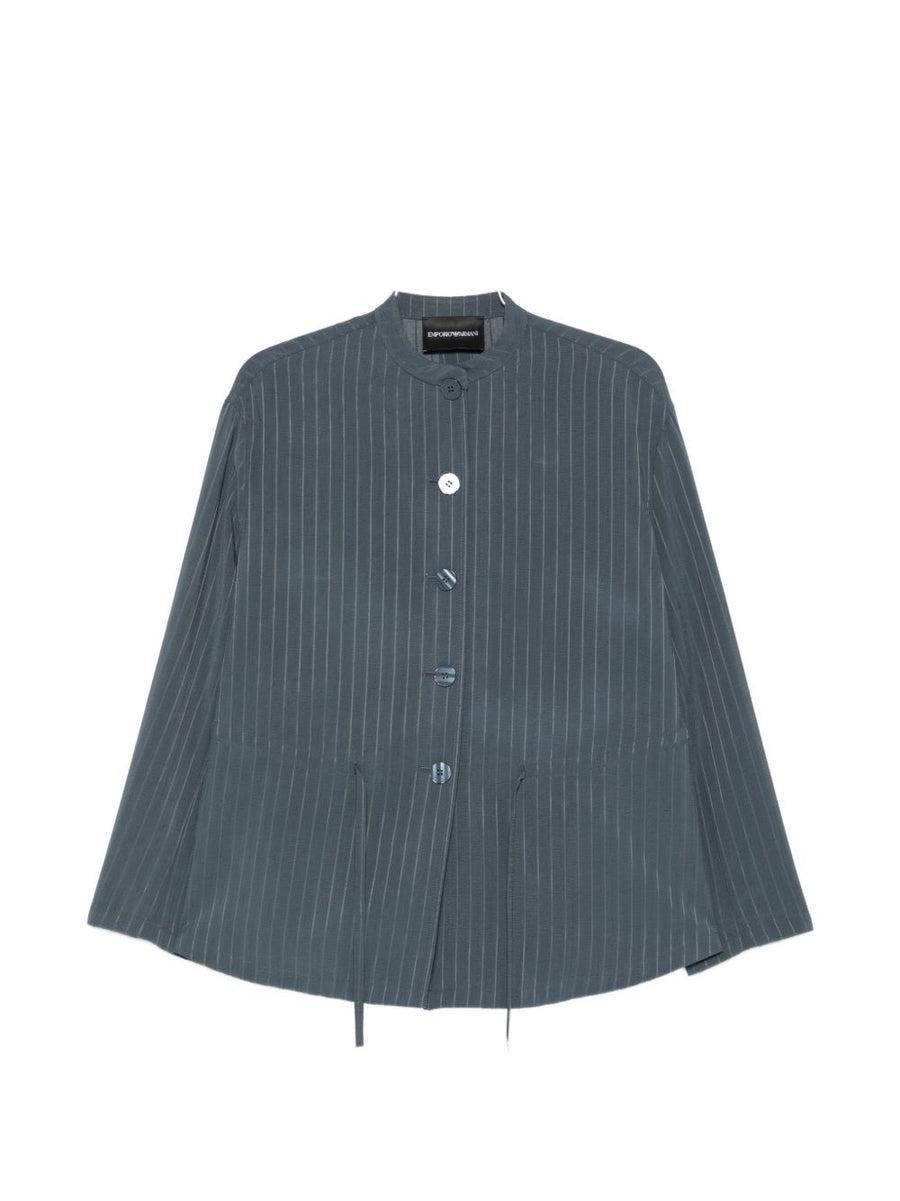 Emporio Armani Luxurious Pinstriped Jacket For Women With Drawstring Detail And Mandarin Collar