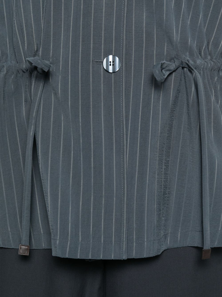 Emporio Armani Luxurious Pinstriped Jacket For Women With Drawstring Detail And Mandarin Collar