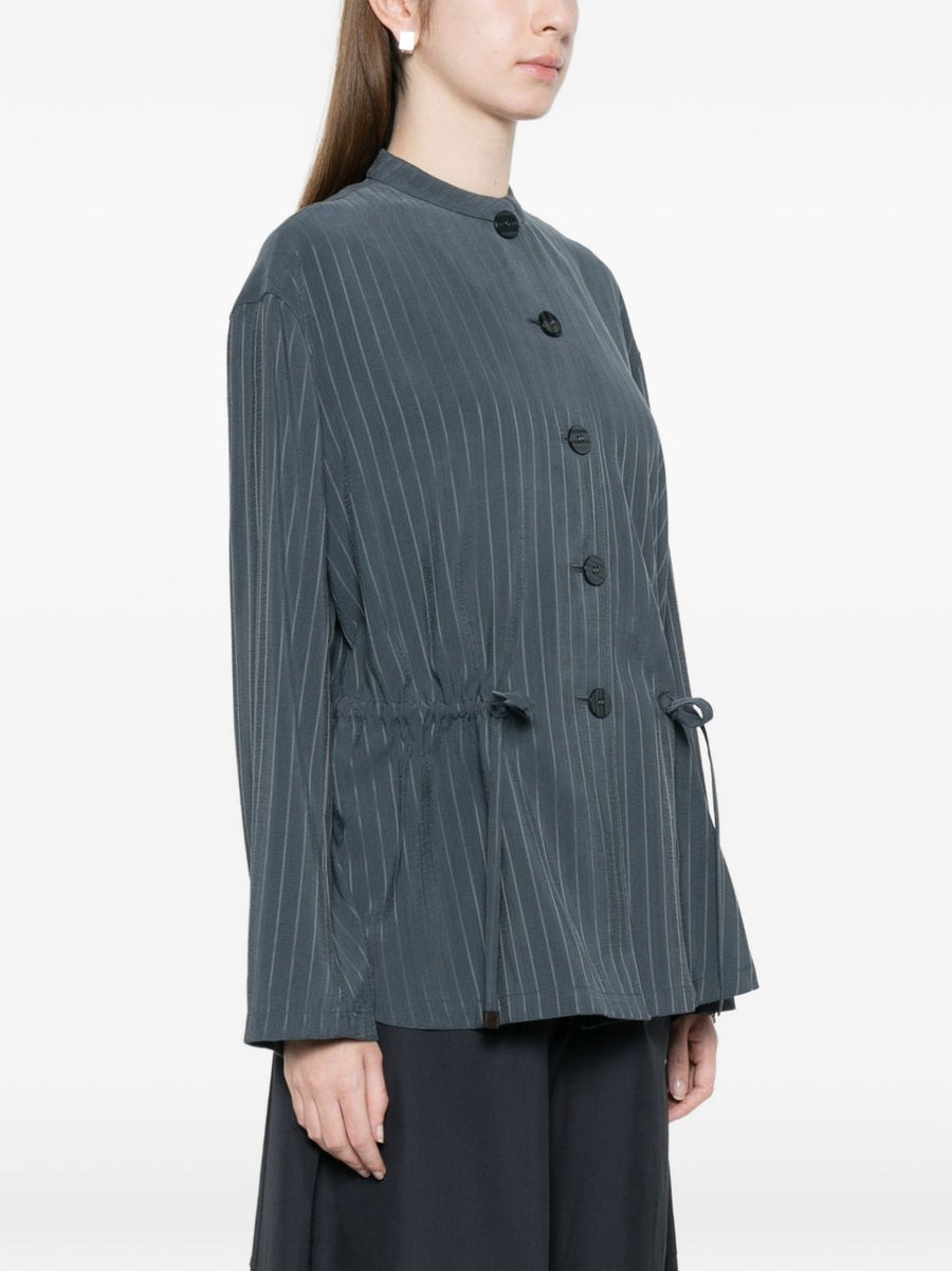 Emporio Armani Luxurious Pinstriped Jacket For Women With Drawstring Detail And Mandarin Collar