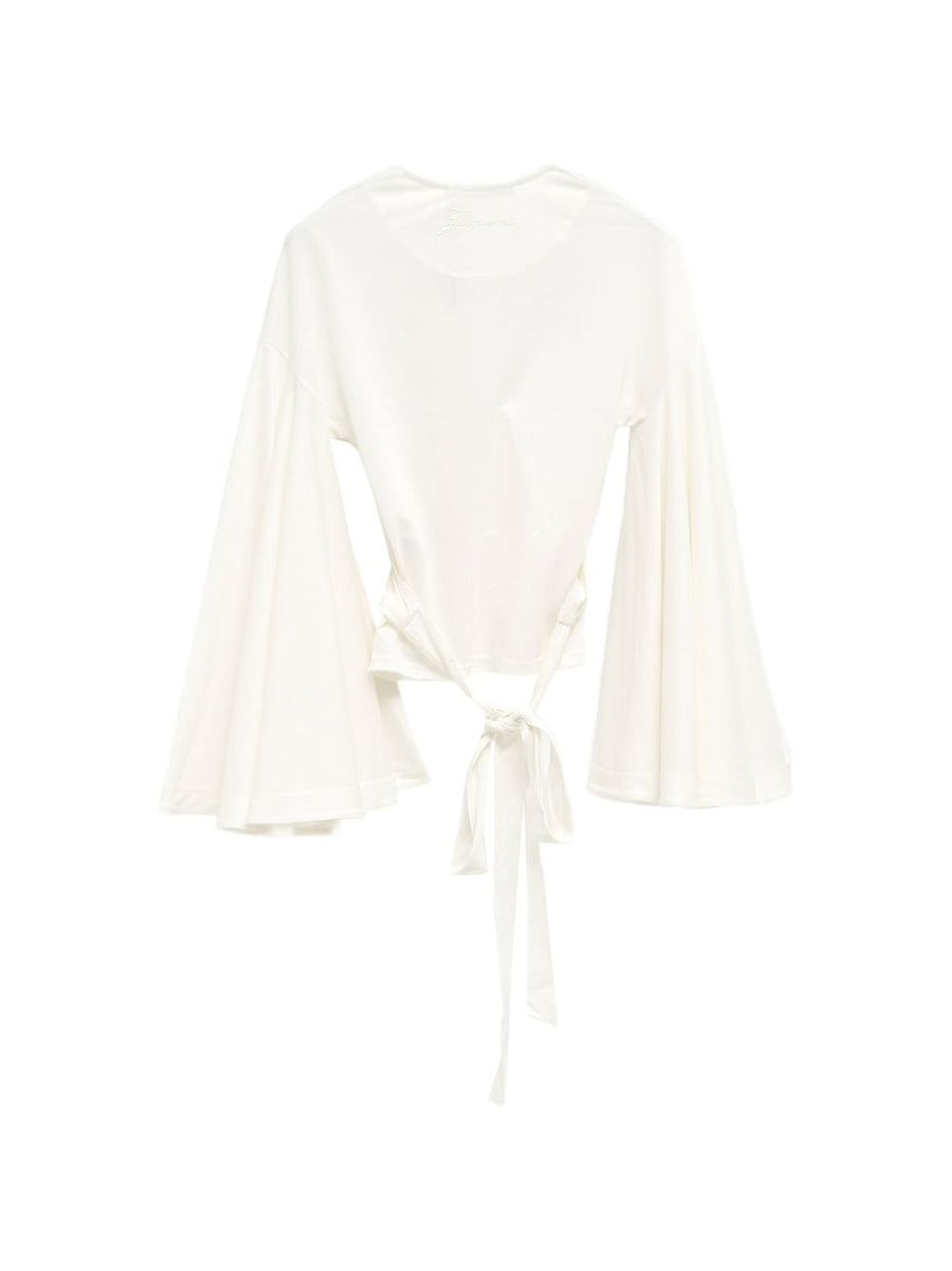 Jacquemus La Cache Coeur Ventadou Wrap Top Women White V Neck Long Sleeve Tie Closure Resort Wear