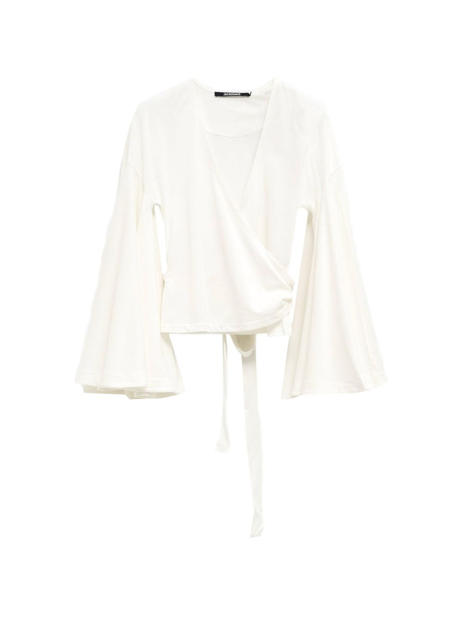 Jacquemus La Cache Coeur Ventadou Wrap Top Women White V Neck Long Sleeve Tie Closure Resort Wear