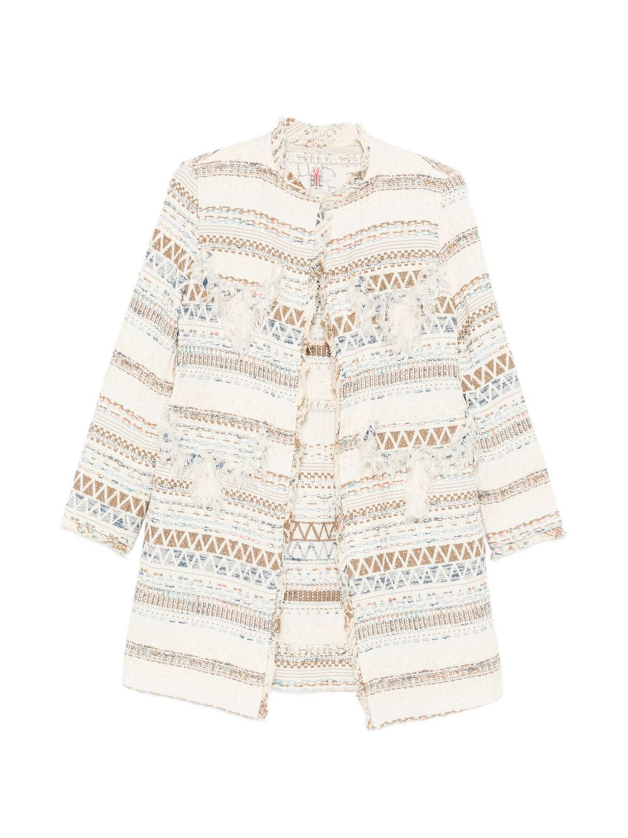 BYE Cotton Blend Caban Coat for Women Lightweight Resort Wear with Fringe and Geometric Pattern