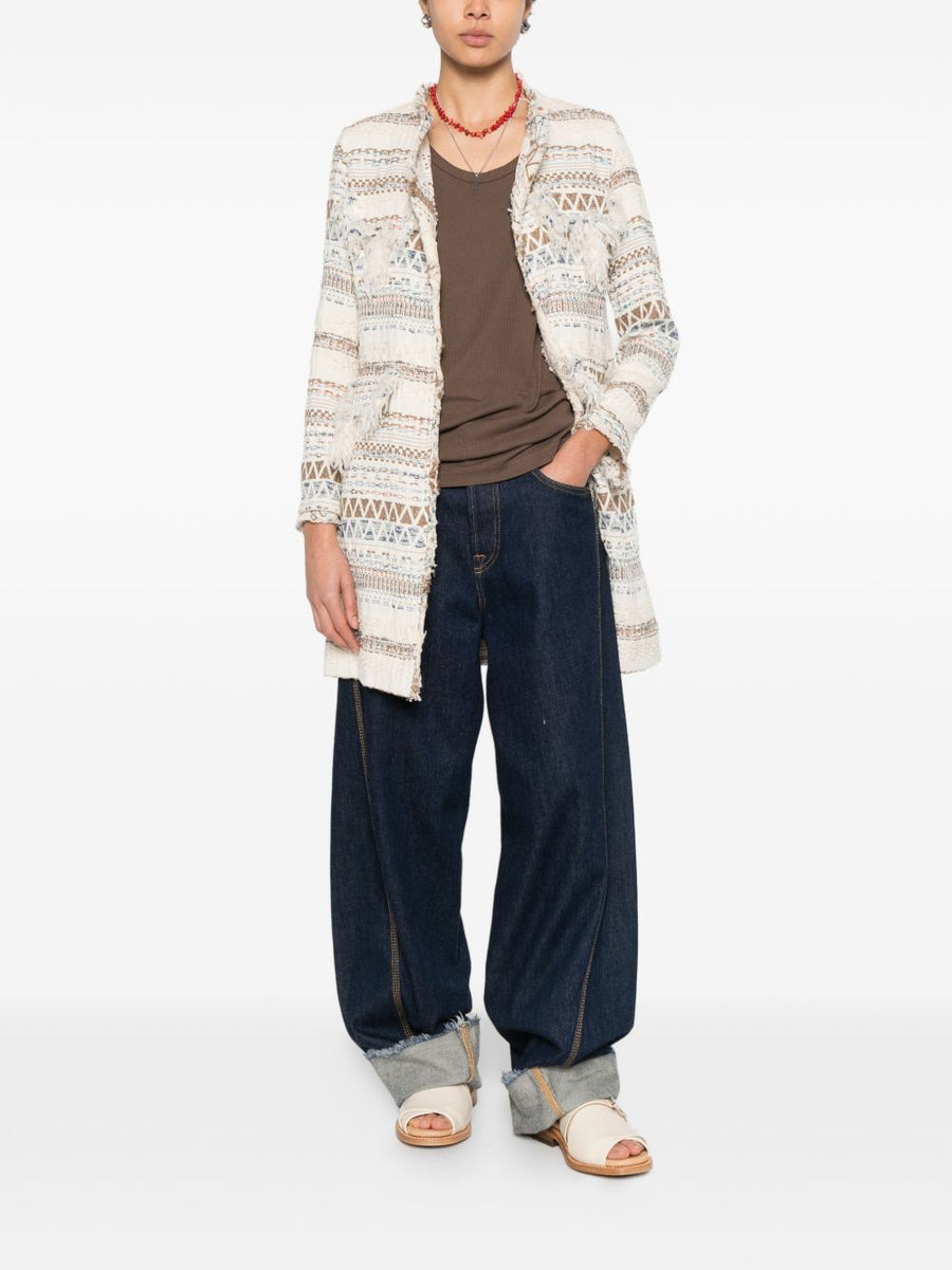 BYE Cotton Blend Caban Coat for Women Lightweight Resort Wear with Fringe and Geometric Pattern