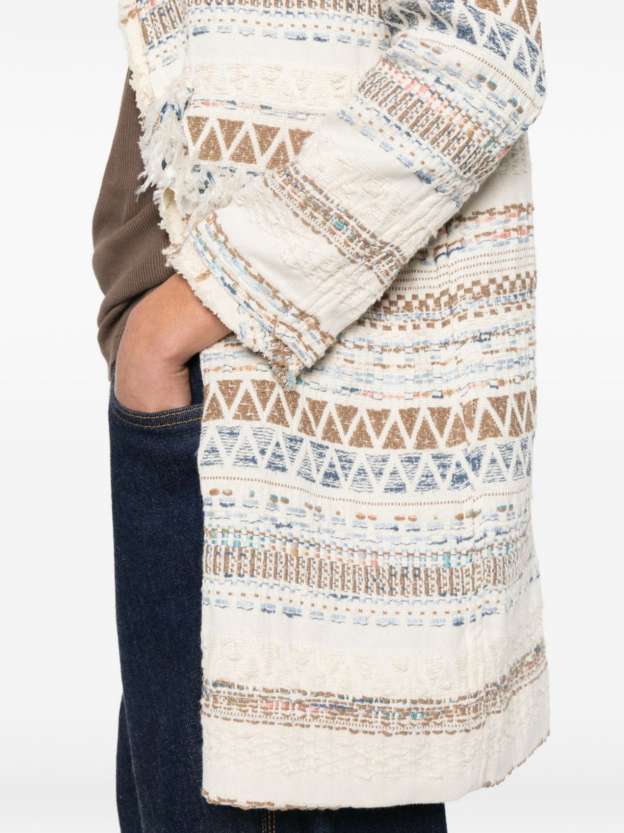 BYE Cotton Blend Caban Coat for Women Lightweight Resort Wear with Fringe and Geometric Pattern