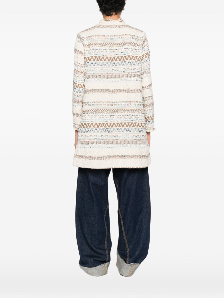 BYE Cotton Blend Caban Coat for Women Lightweight Resort Wear with Fringe and Geometric Pattern