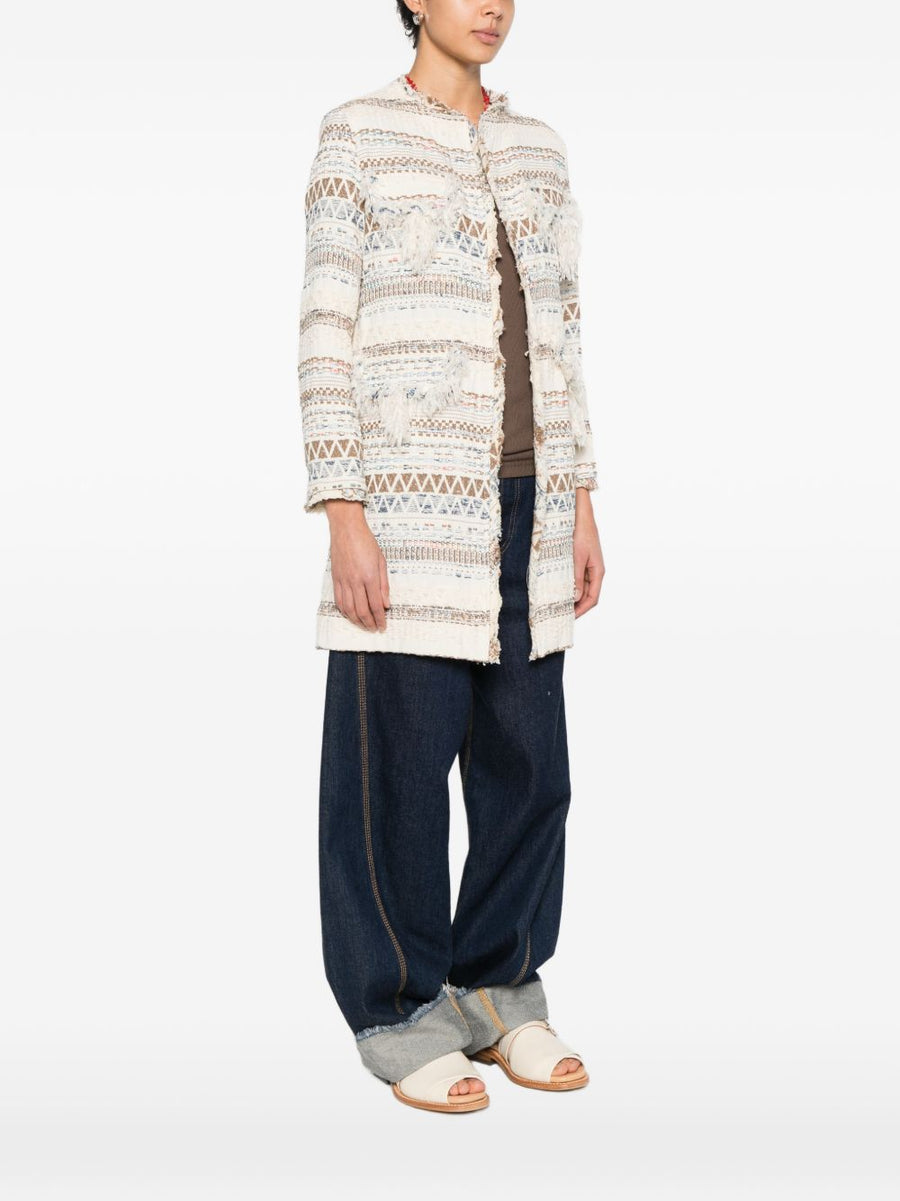 BYE Cotton Blend Caban Coat for Women Lightweight Resort Wear with Fringe and Geometric Pattern