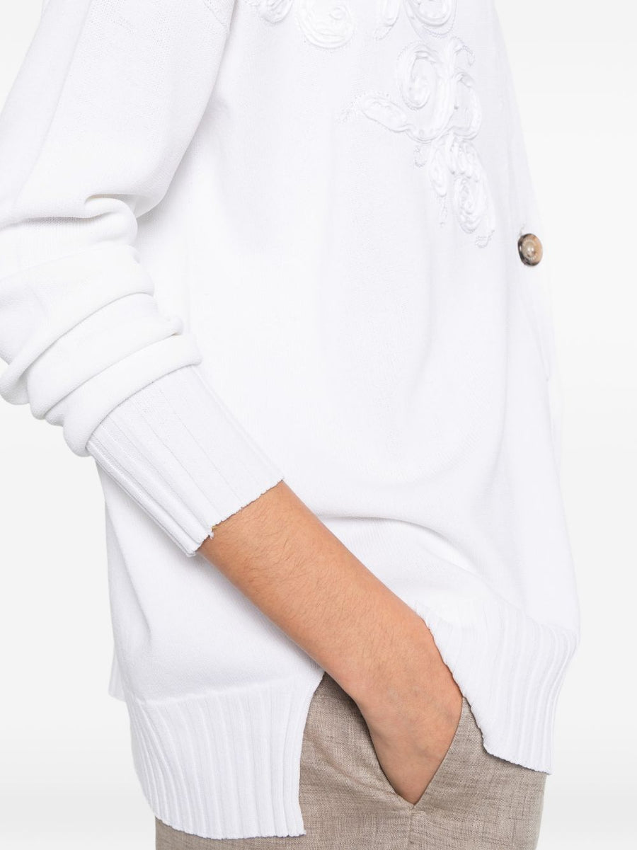 Ermanno Firenze Women's V Neck Cotton Blend Cardigan With White Embroidery Lightweight Button Front SS26