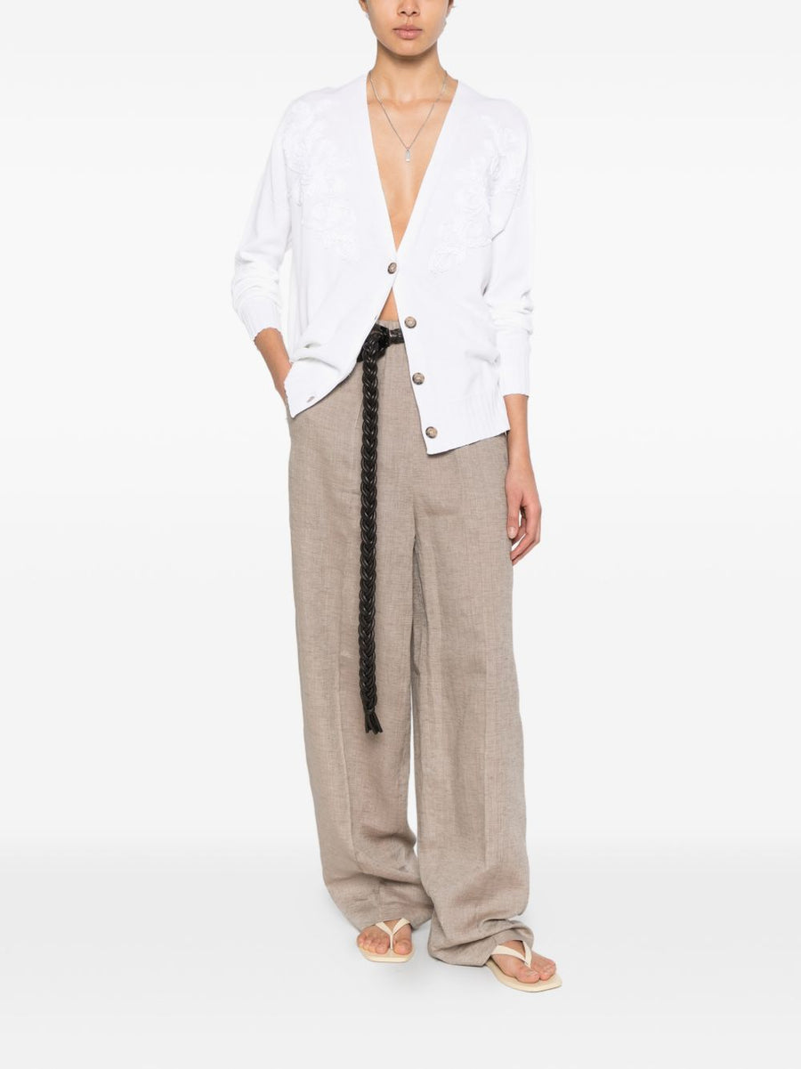 Ermanno Firenze Women's V Neck Cotton Blend Cardigan With White Embroidery Lightweight Button Front SS26