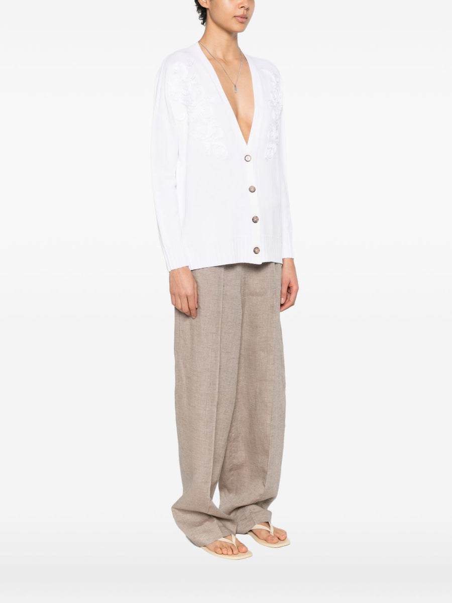 Ermanno Firenze Women's V Neck Cotton Blend Cardigan With White Embroidery Lightweight Button Front SS26