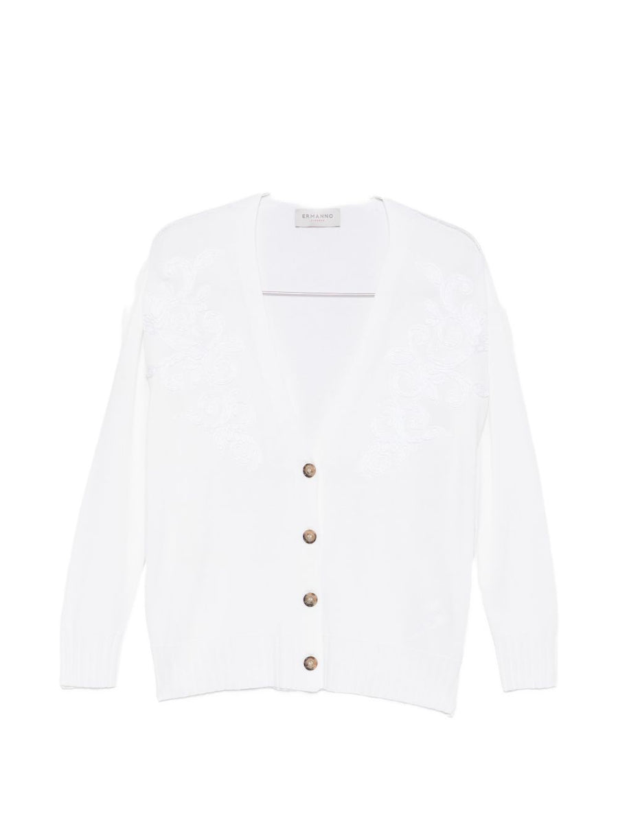 Ermanno Firenze Women's V Neck Cotton Blend Cardigan With White Embroidery Lightweight Button Front SS26