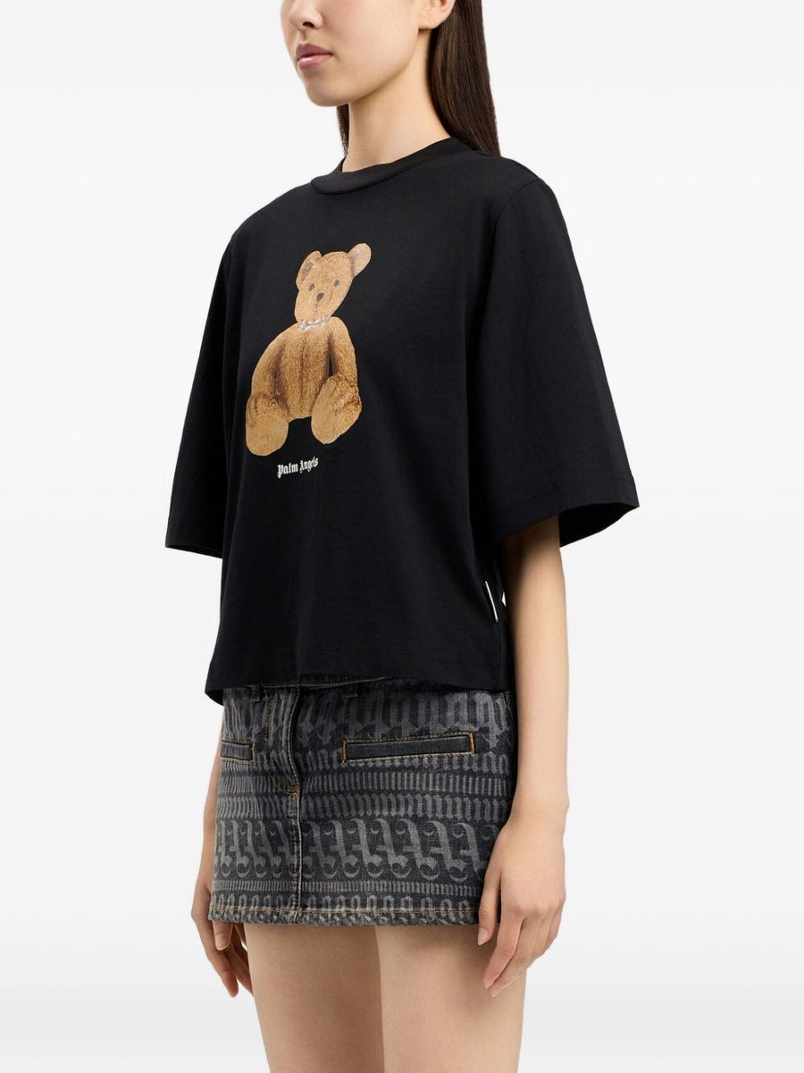 Palm Angels Bear Cotton T Shirt For Women Boxy Black Graphic Tee With Versatile Everyday Style