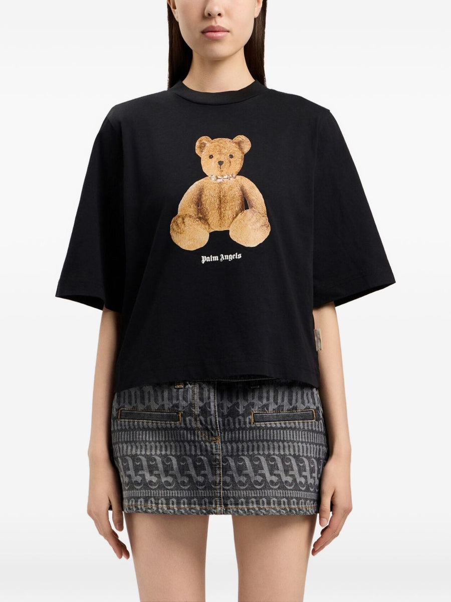 Palm Angels Bear Cotton T Shirt For Women Boxy Black Graphic Tee With Versatile Everyday Style