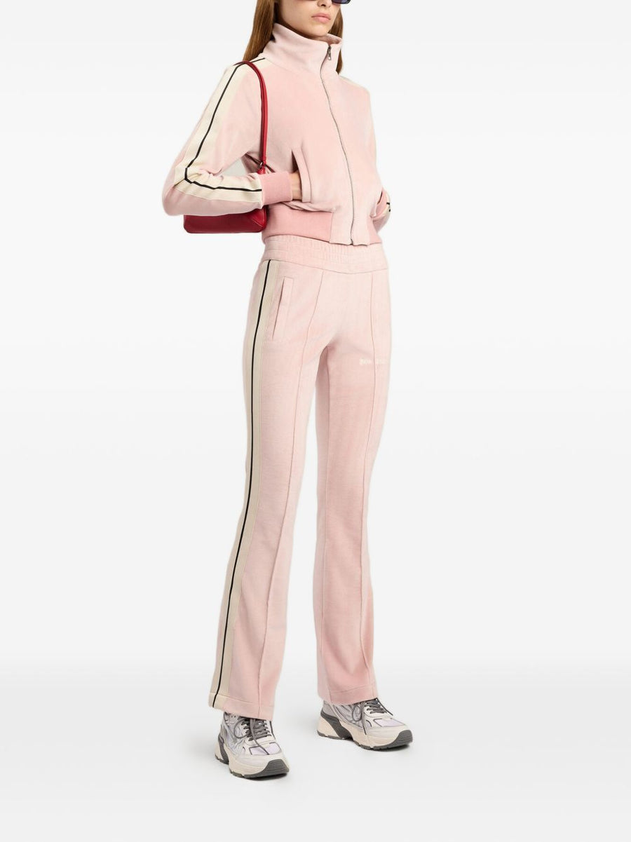 Palm Angels Chenille Track Pants For Women Plush Luxury Fabric With Pink Side Stripes And Flared Hem