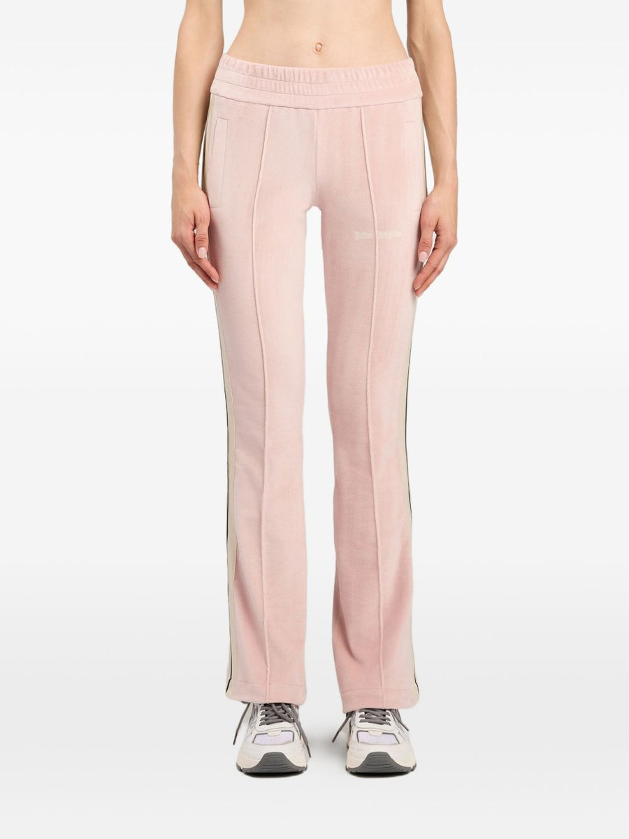 Palm Angels Chenille Track Pants For Women Plush Luxury Fabric With Pink Side Stripes And Flared Hem