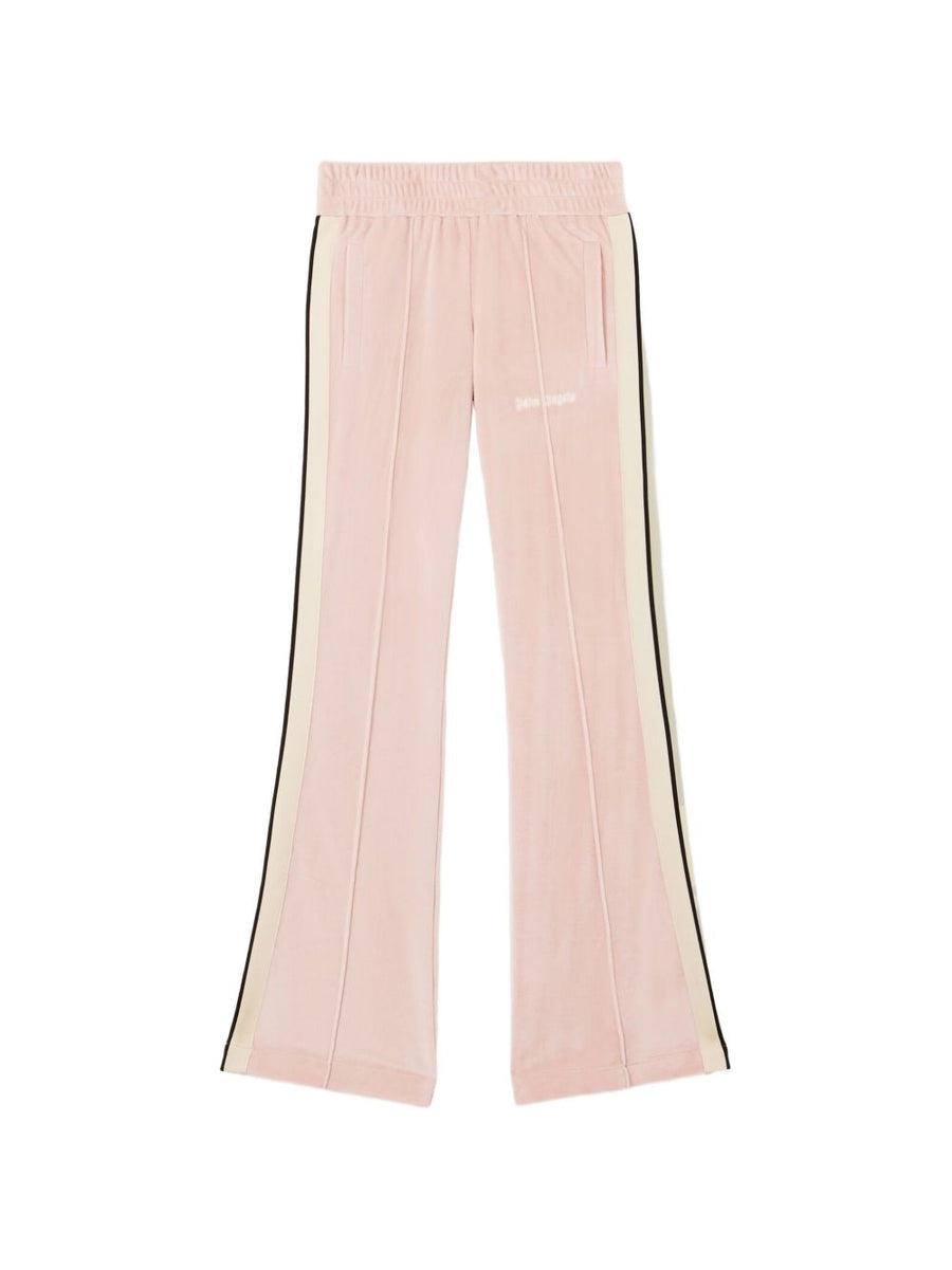 Palm Angels Chenille Track Pants For Women Plush Luxury Fabric With Pink Side Stripes And Flared Hem