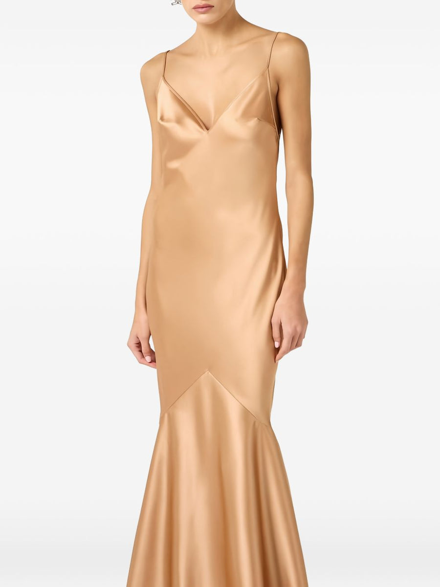 Elisabetta Franchi Long Dress Peach Pink V Neck Slim Fit With Train Hem Gold Detail For Women