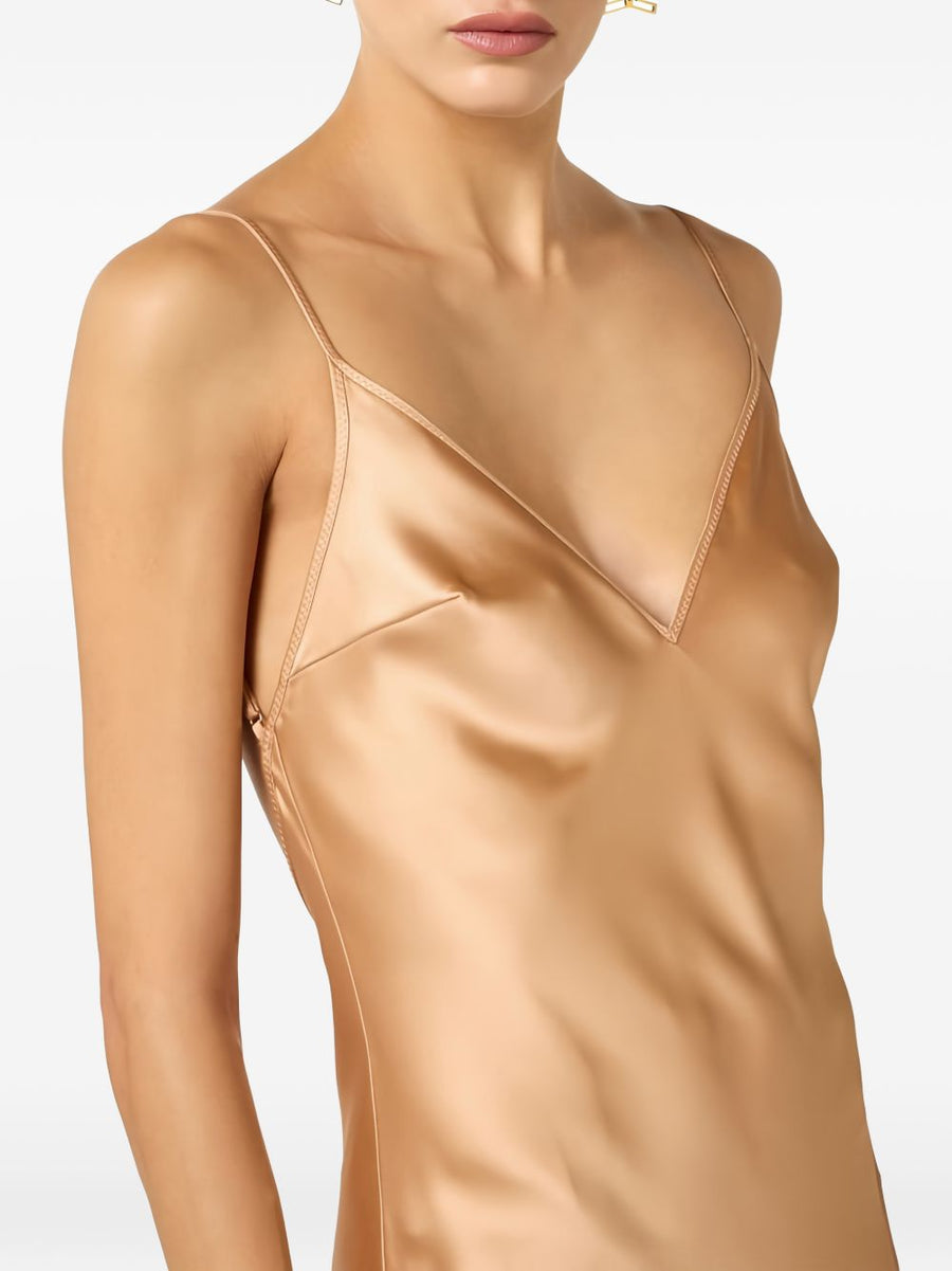 Elisabetta Franchi Long Dress Peach Pink V Neck Slim Fit With Train Hem Gold Detail For Women