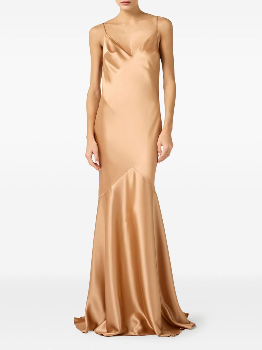 Elisabetta Franchi Long Dress Peach Pink V Neck Slim Fit With Train Hem Gold Detail For Women
