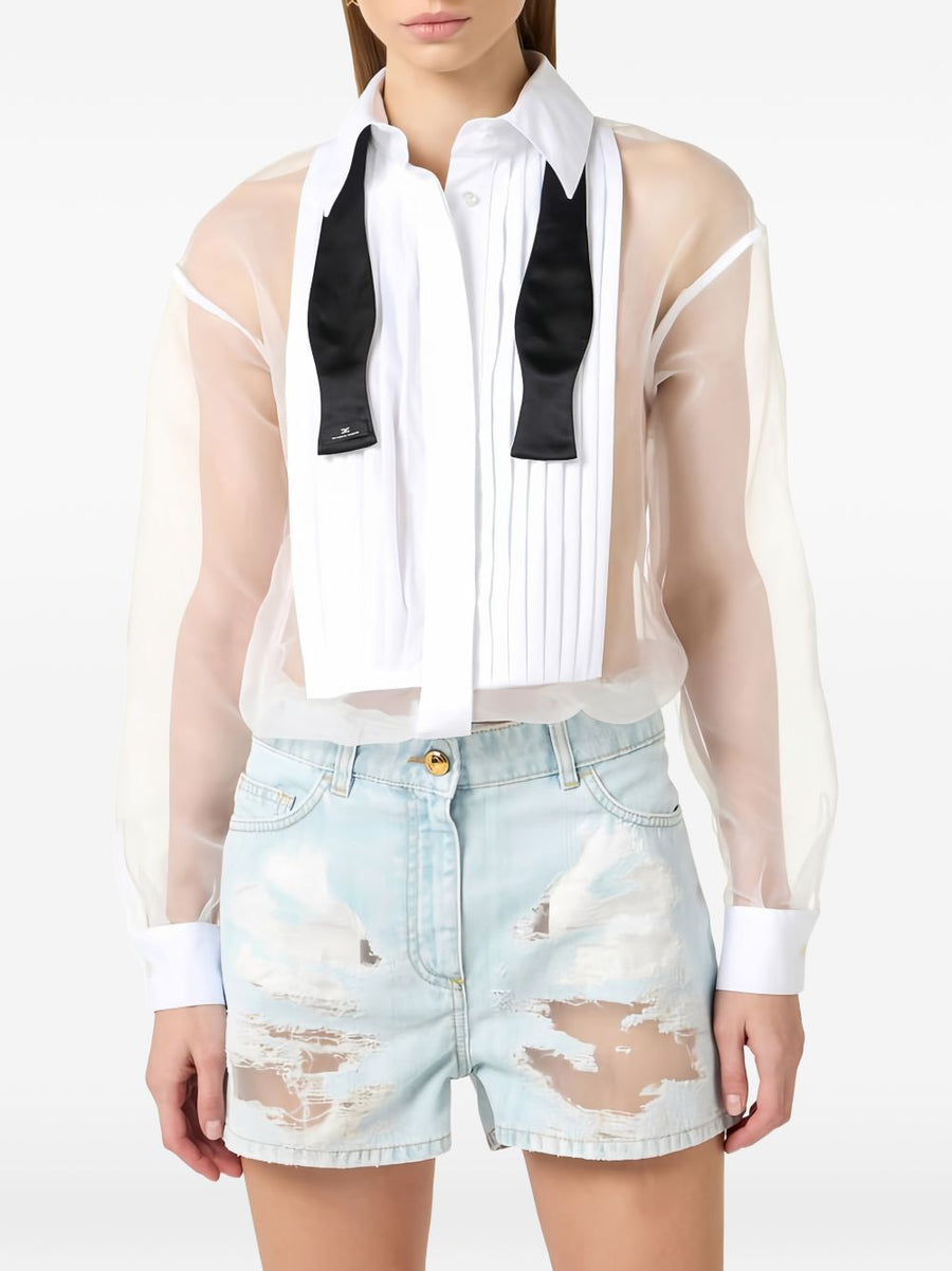Elisabetta Franchi Cotton Jumpsuit For Women With Ivory Blue Distressed Bib Bow Tie Ribbon Detail Regular Fit