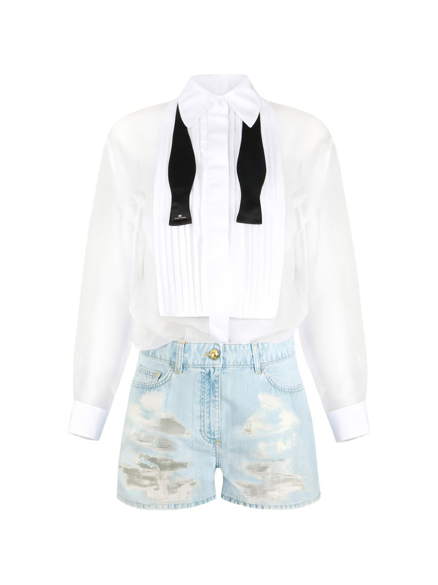 Elisabetta Franchi Cotton Jumpsuit For Women With Ivory Blue Distressed Bib Bow Tie Ribbon Detail Regular Fit