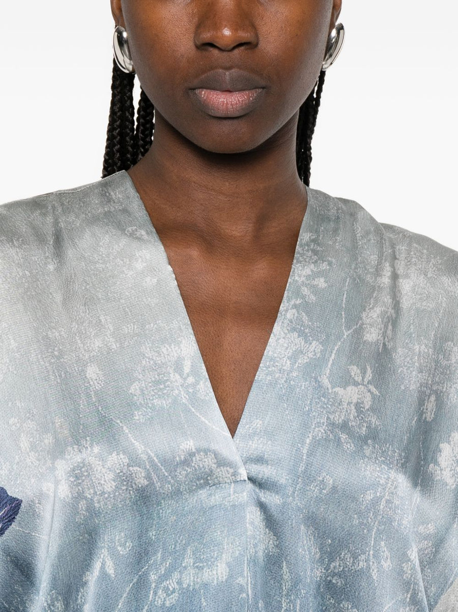 Pierre Louis Mascia Luxurious Silk Dress With V Neck And Butterfly Print In Light Blue For Women