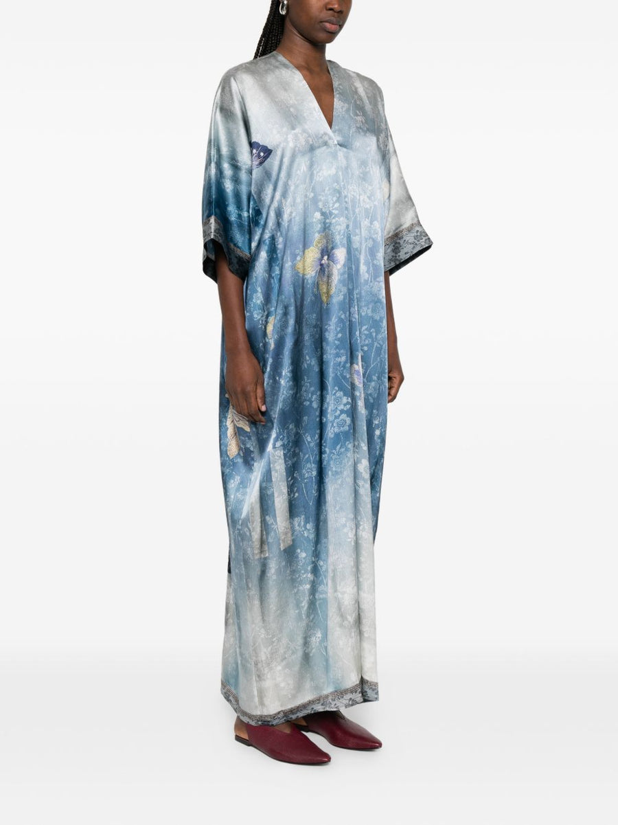 Pierre Louis Mascia Luxurious Silk Dress With V Neck And Butterfly Print In Light Blue For Women