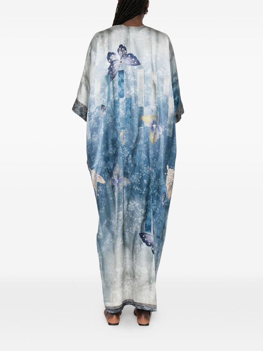 Pierre Louis Mascia Luxurious Silk Dress With V Neck And Butterfly Print In Light Blue For Women