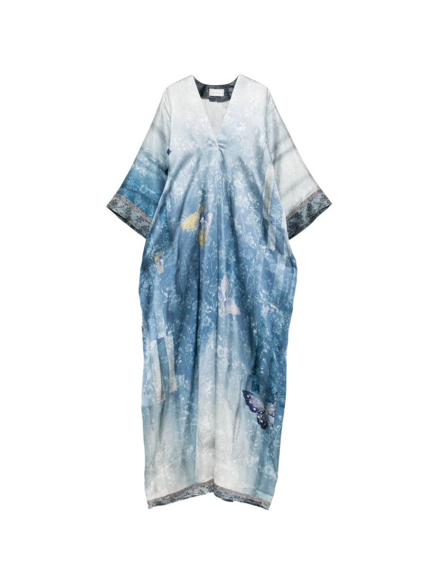 Pierre Louis Mascia Luxurious Silk Dress With V Neck And Butterfly Print In Light Blue For Women