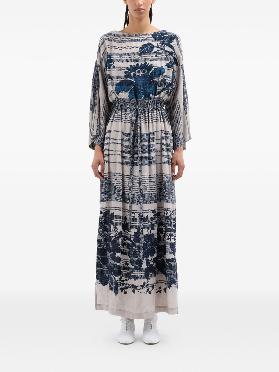 Pierre Louis Mascia Silk Dress Beige Floral Print Belted Wide Sleeves Luxurious Spring Summer For Women