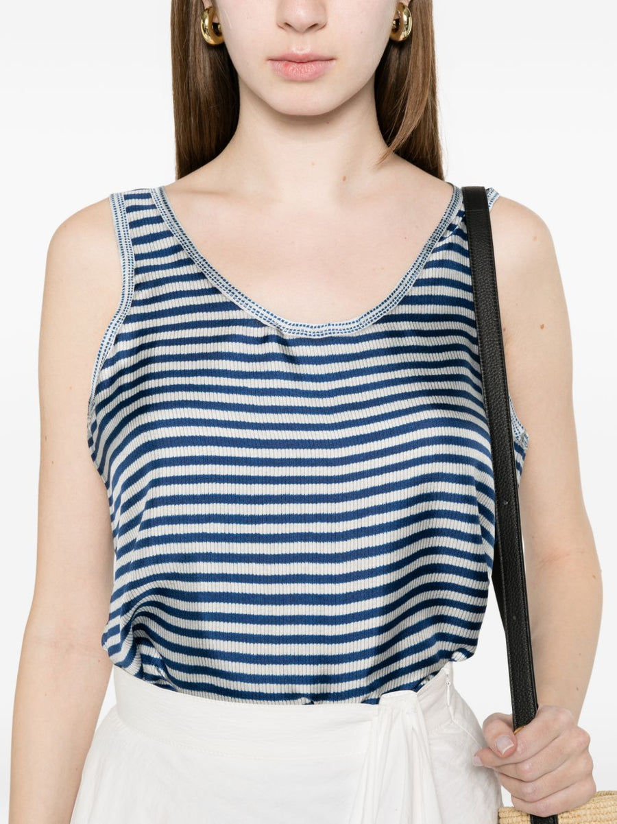 Pierre Louis Mascia Striped Silk Top For Women With Fluid Drape Sleeveless Light Blue