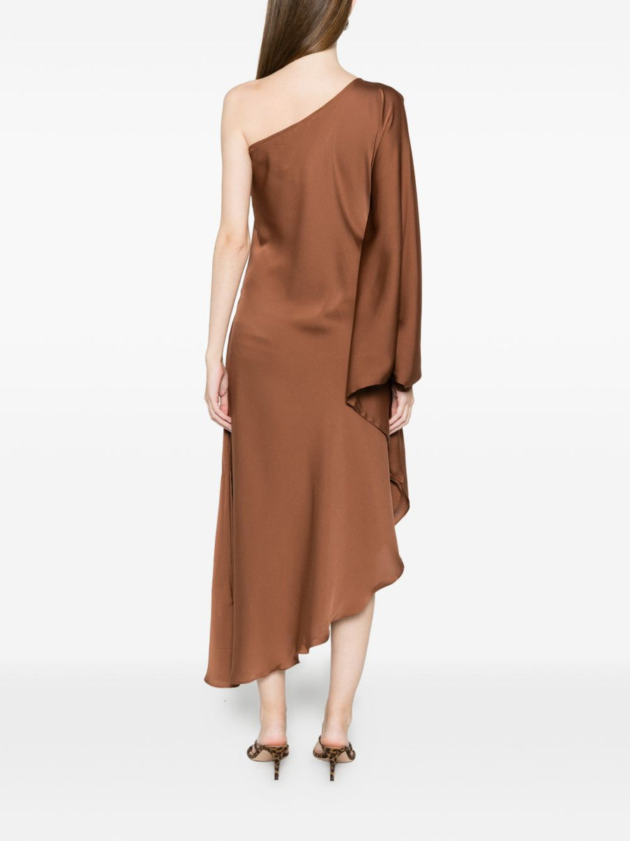 Silk95Five Ritz Light Brown Silk Asymmetric Dress One Shoulder Draped Luxury For Women Elegant Contemporary Essential
