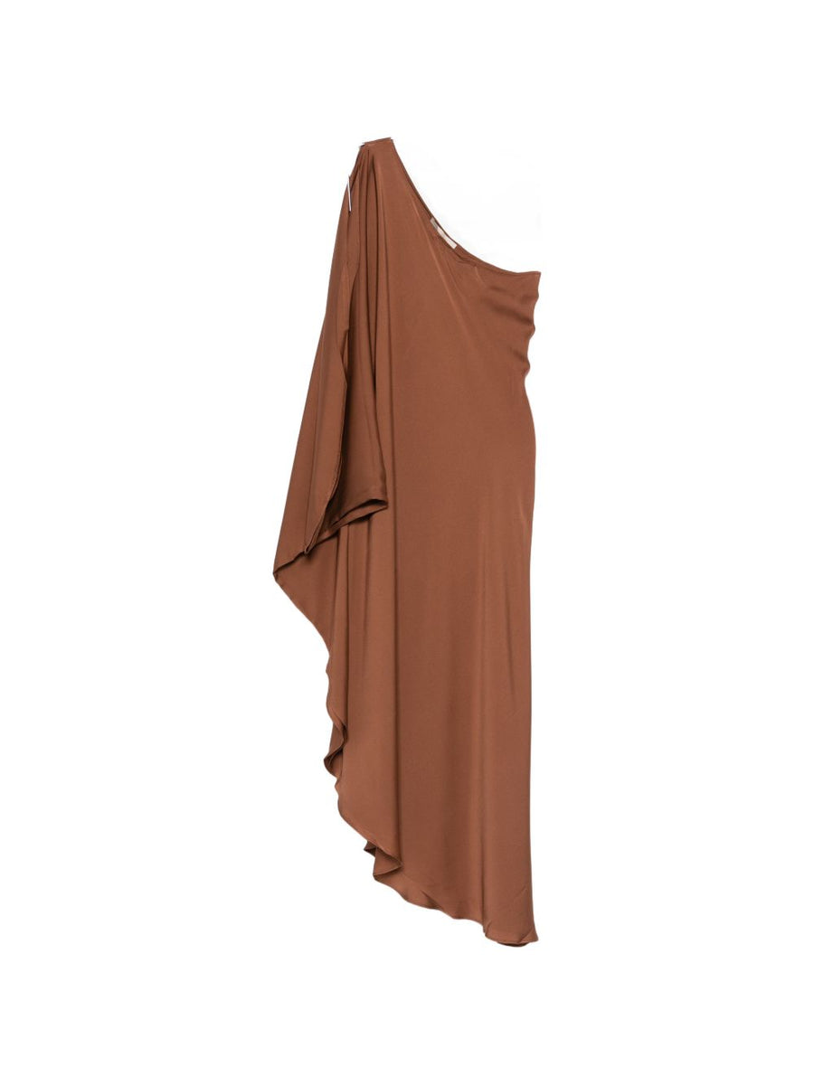 Silk95Five Ritz Light Brown Silk Asymmetric Dress One Shoulder Draped Luxury For Women Elegant Contemporary Essential