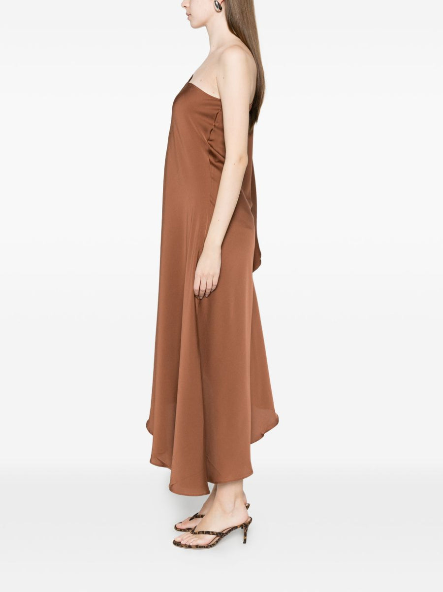 Silk95Five Ritz Light Brown Silk Asymmetric Dress One Shoulder Draped Luxury For Women Elegant Contemporary Essential