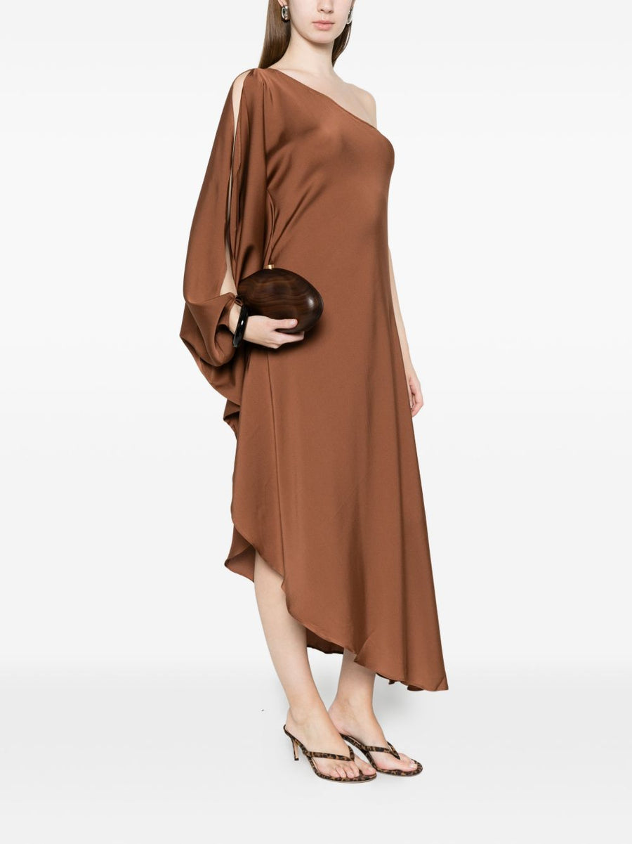 Silk95Five Ritz Light Brown Silk Asymmetric Dress One Shoulder Draped Luxury For Women Elegant Contemporary Essential