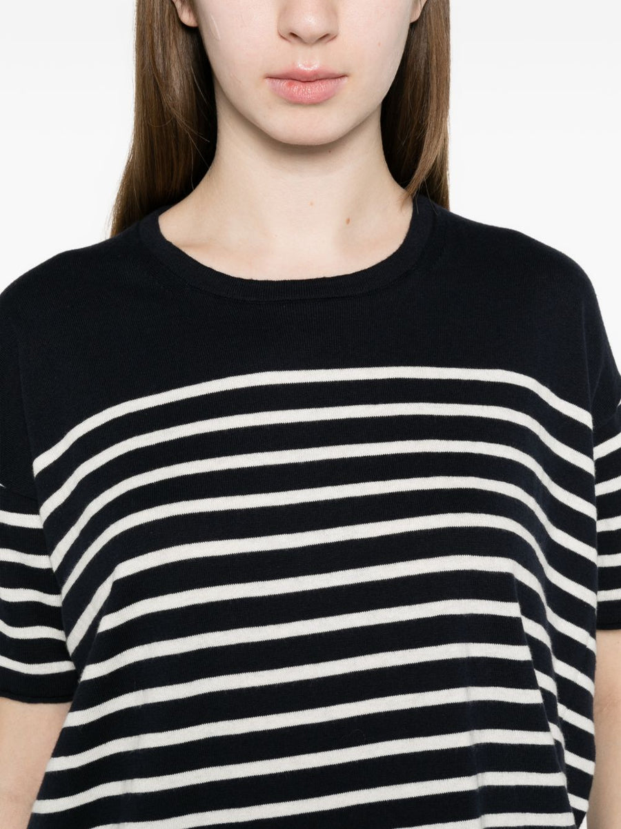 Ct Plage Striped Cotton Sweater With Cashmere Blend For Women Navy Crew Neck Top Elevates Everyday Style