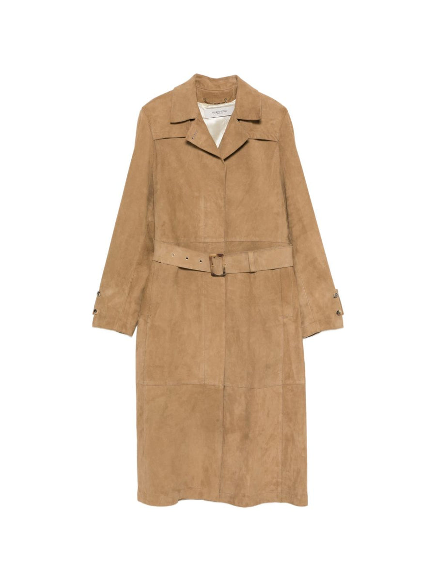Golden Goose Suede Leather Trench Coat For Women With Belt Waist And Quiet Luxury Craftsmanship