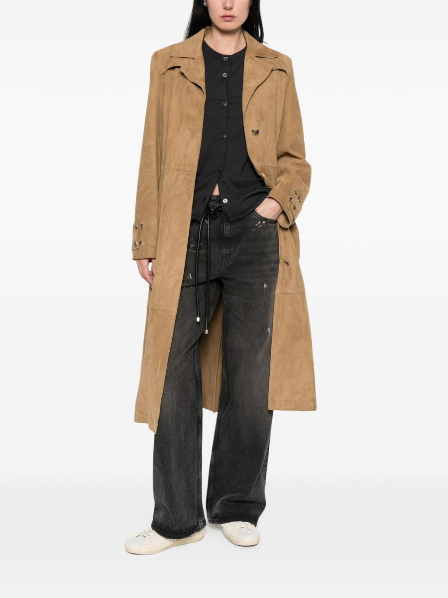 Golden Goose Suede Leather Trench Coat For Women With Belt Waist And Quiet Luxury Craftsmanship