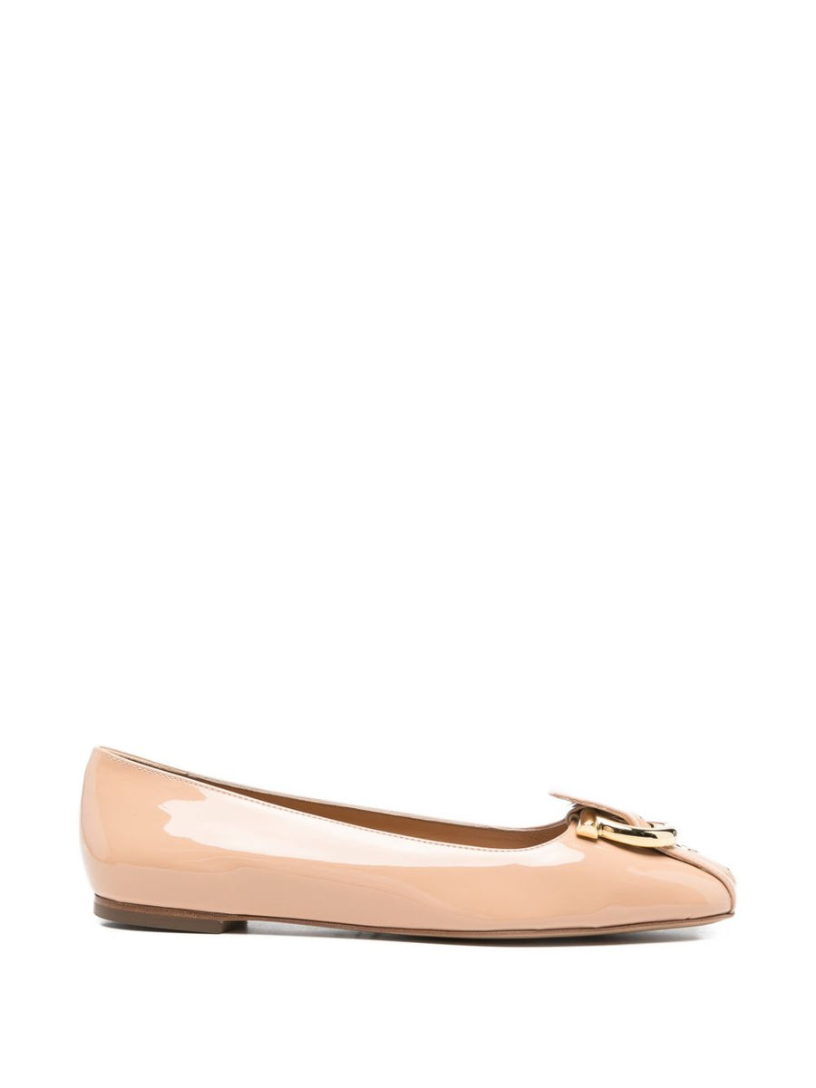 Ferragamo Leather Ballet Flats Beige Slip-On Timeless Gold-Tone Hardware For Women Square-Toe