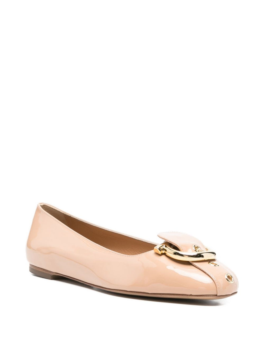 Ferragamo Leather Ballet Flats Beige Slip-On Timeless Gold-Tone Hardware For Women Square-Toe