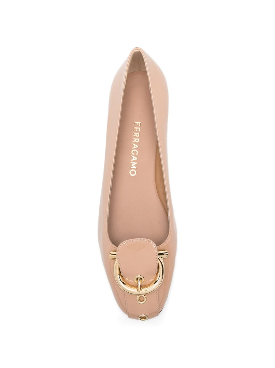 Ferragamo Leather Ballet Flats Beige Slip-On Timeless Gold-Tone Hardware For Women Square-Toe