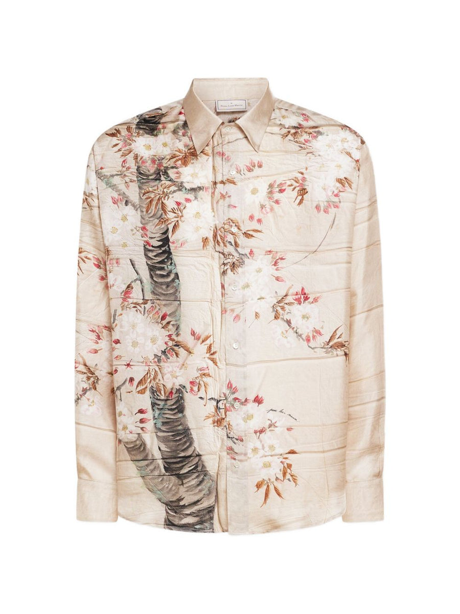 Pierre Louis Mascia Printed Silk Shirt For Women Beige Cherry Blossom With Classic Collar And Relaxed Fit