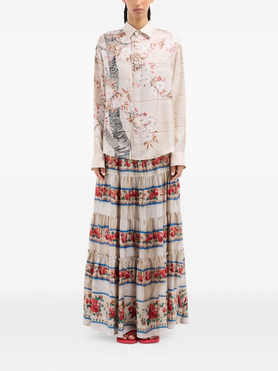 Pierre Louis Mascia Printed Silk Shirt For Women Beige Cherry Blossom With Classic Collar And Relaxed Fit